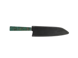 HAWK KNIFE Kiritsuke Küchenmesser N690 mit türkis Maserung Grif mit schwarzen Lederscheide.