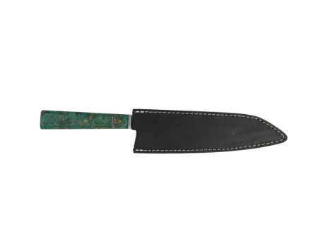 HAWK KNIFE Kiritsuke Küchenmesser N690 mit türkis Maserung Grif mit schwarzen Lederscheide.