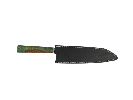 HAWK KNIFE Kiritsuke Küchenmesser N690 mit grün-brauner Maserung Griff mit schwarzen Lederscheide.