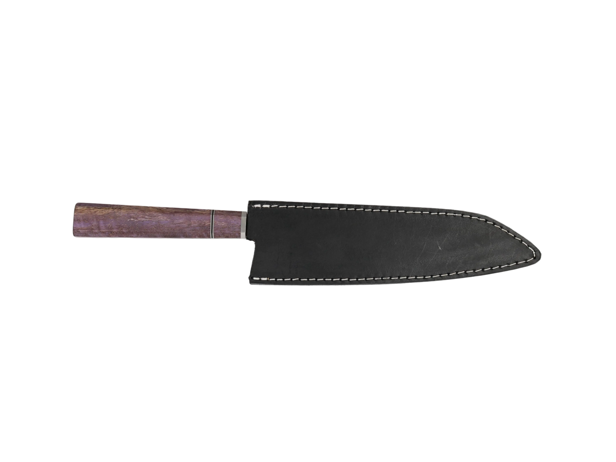 HAWK KNIFE Kiritsuke Küchenmesser N690 mit violettbraunem Maserung Grif mit schwarzen Lederscheide.