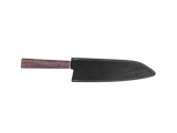 HAWK KNIFE Kiritsuke Küchenmesser N690 mit violettbraunem Maserung Grif mit schwarzen Lederscheide.