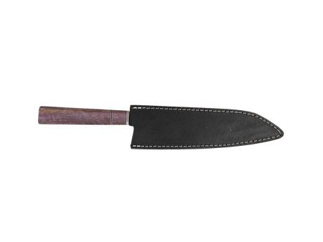 HAWK KNIFE Kiritsuke Küchenmesser N690 mit violettbraunem Maserung Grif mit schwarzen Lederscheide.