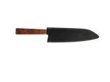 
HAWK KNIFE Kiritsuke Küchenmesser Messer N690 mit braunem Maserung Griff mit schwarzen Lederscheide.