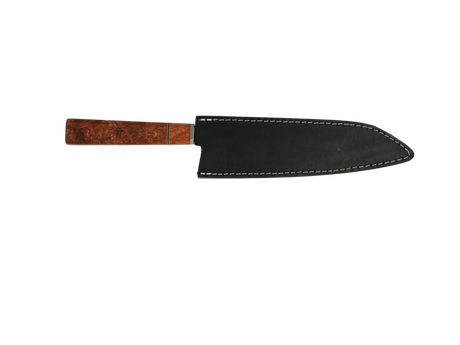 
HAWK KNIFE Kiritsuke Küchenmesser Messer N690 mit braunem Maserung Griff mit schwarzen Lederscheide.