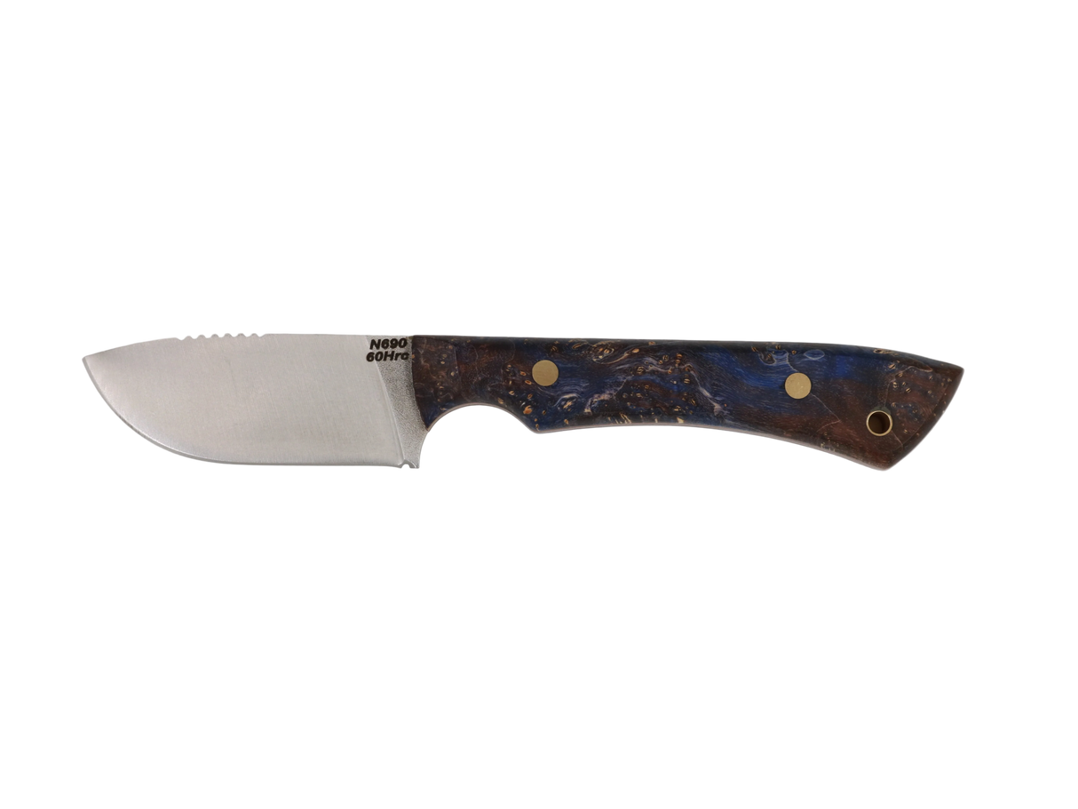 Messerfieber Farbzwerge – blau/braun Griff, Rückenansicht, 2,6 mm Klingenstärke, Full-Tang, Blick nach links