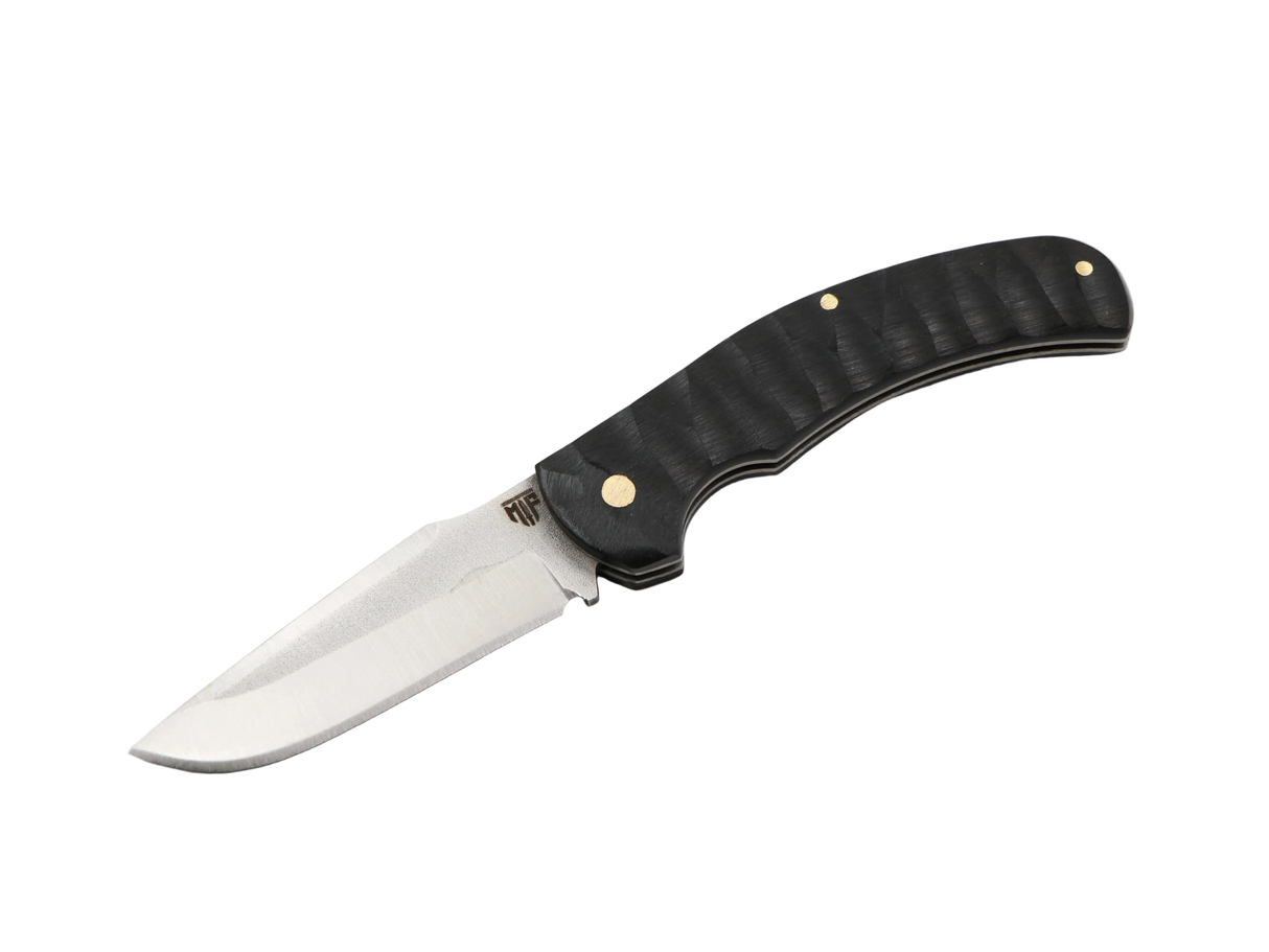 Messerfieber Schwarzer Schatten Klappmesser mit Clip – EDC Taschenmesser geöffnet, schwarzer Griff, Satin-Klinge