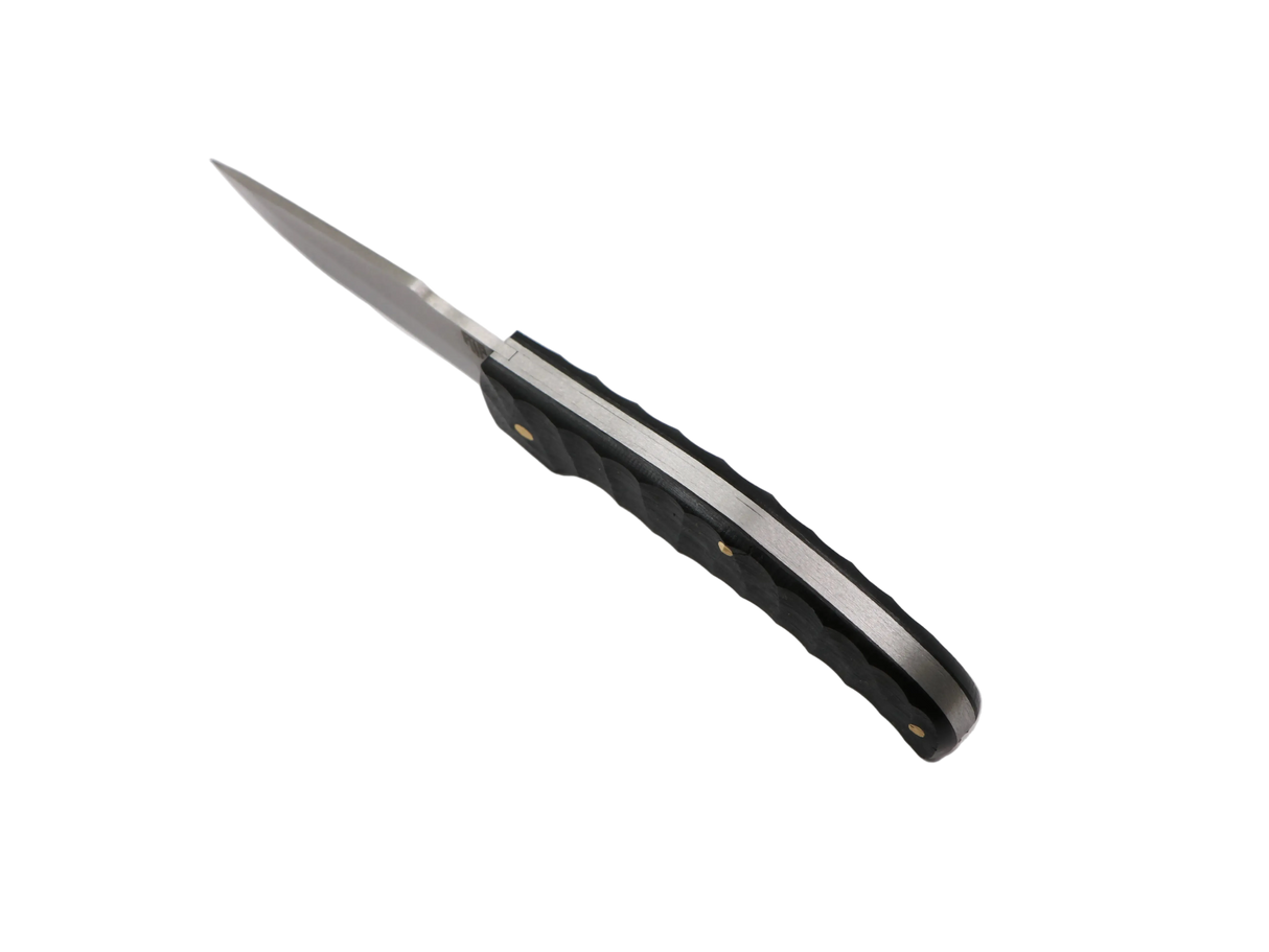 Messerfieber Schwarzer Schatten Taschenmesser – Klappmesser geöffnet, Profilansicht mit schwarzem Griff und Metalllinern