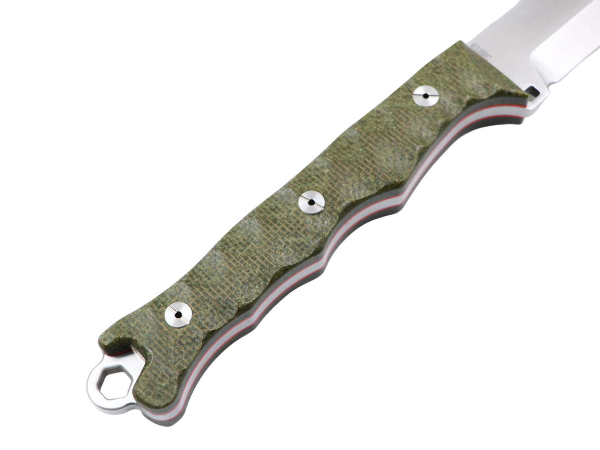 Terra Joe X Griffdetail – olivgrüner G10-Griff mit gerillter Struktur und roten Linern