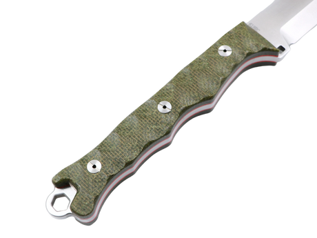 Terra Joe X Griffdetail – olivgrüner G10-Griff mit gerillter Struktur und roten Linern