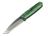 Messerfieber Rota mit D2-Klinge, grün-schwarz gemustertem Micarta-Griff und rotem G10-Liner in schräger Seitenansicht