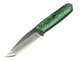 Messerfieber Rota mit D2-Klinge, grün-schwarz gemustertem Micarta-Griff und rotem G10-Liner in schräger Seitenansicht