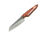 Messerfieber Steinn mit D2-Klinge, rot-orange-schwarz gemustertem Micarta-Griff und gelbem G10-Liner in schräger Seitenansicht
