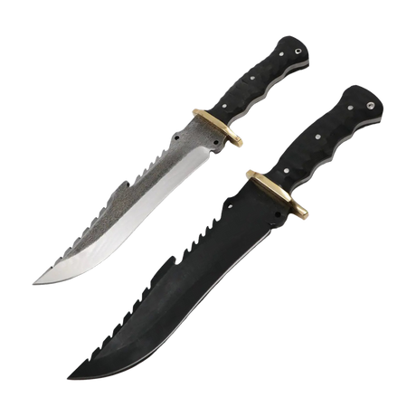 MF Rambo Messer mit 235 mm handgeschmiedeter 50CrV4-Stahlklinge und robustem T10-Griff mit Messingakzenten.