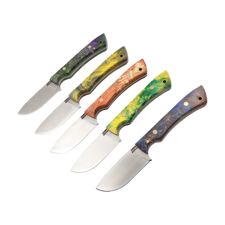 Messerfieber Farbzwerge – alle Farben (stabilisierte Maser-Pappel), N690-Klinge 75 mm, Full-Tang, Messer nach links, weißer Hintergrund