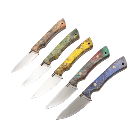 Messerfieber Farbspitzla – Farbübersicht mehrerer Messer mit stabilisierter Maser-Pappel