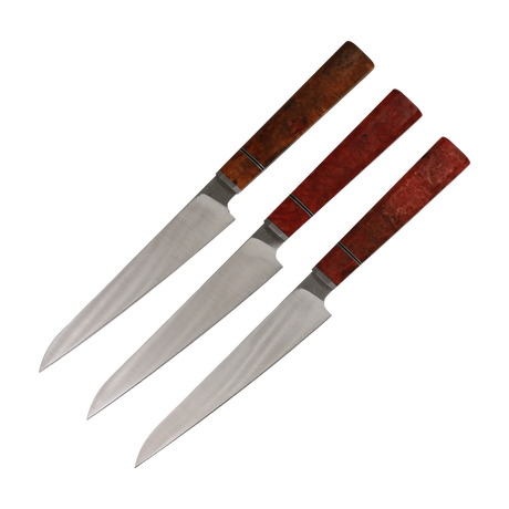 Handgefertigtes Sujihiki Messer mit Maserholz Griff rot braun