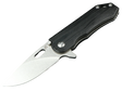 Apex – Geöffnetes Klappmesser mit breiter heller Klinge, länglicher Klingenöffnung und schwarzem Griff.