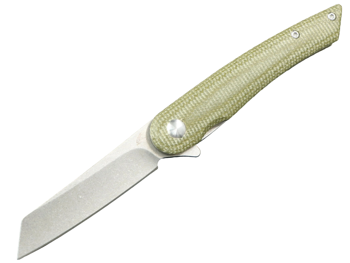 SCHATTENGRAD Breeze – Open folding knife with a narrow angular blade and a light green handle.
