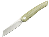SCHATTENGRAD Breeze – Open folding knife with a narrow angular blade and a light green handle.