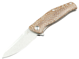 Ridge – Geöffnetes Klappmesser mit heller Klinge und hellbraun strukturiertem Griff.