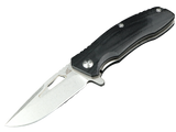 SCHATTENGRAD Summit – Open folding knife with a broad blade, elongated blade hole and black handle.