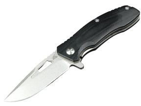 SCHATTENGRAD Summit – Open folding knife with a broad blade, elongated blade hole and black handle.