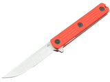 Zephir – Geöffnetes Klappmesser mit langer heller Klinge und leuchtend rotem Griff.